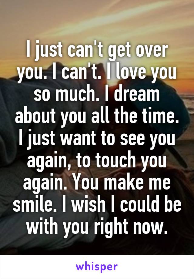 I just can't get over you. I can't. I love you so much. I dream about you all the time. I just want to see you again, to touch you again. You make me smile. I wish I could be with you right now.