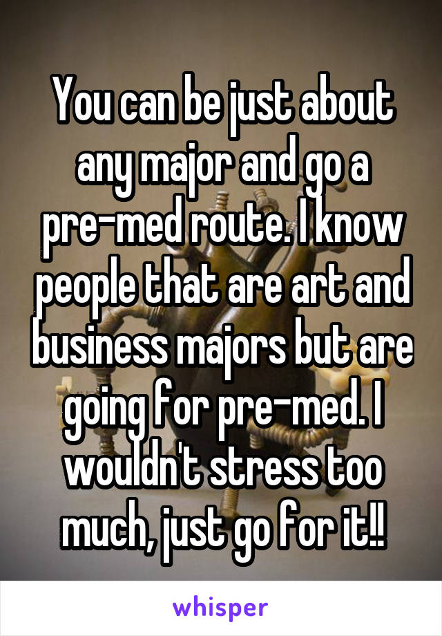 You can be just about any major and go a pre-med route. I know people that are art and business majors but are going for pre-med. I wouldn't stress too much, just go for it!!