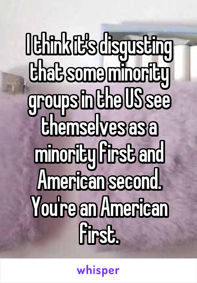 I think it's disgusting that some minority groups in the US see themselves as a minority first and American second.
You're an American first.