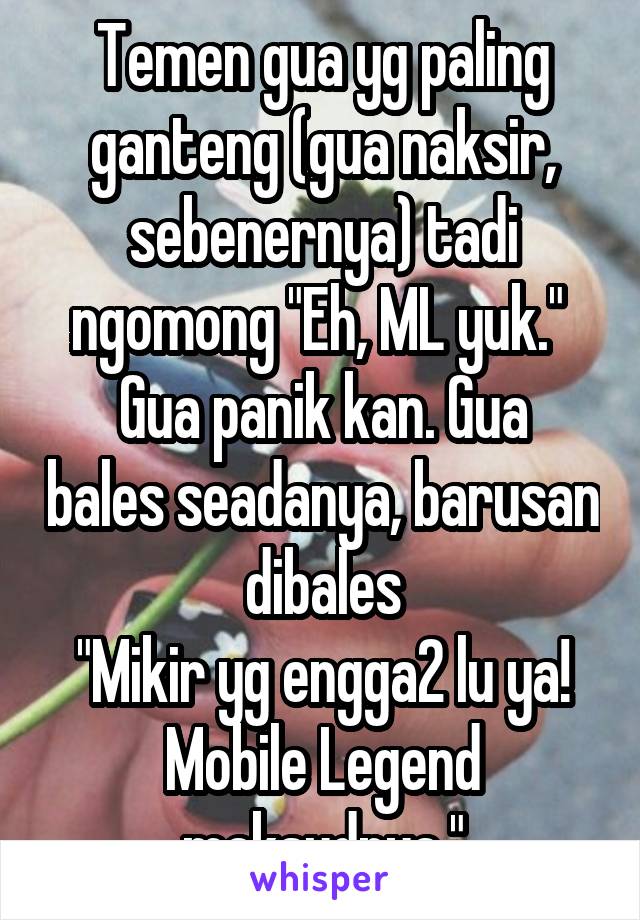 Temen gua yg paling ganteng (gua naksir, sebenernya) tadi ngomong "Eh, ML yuk." 
Gua panik kan. Gua bales seadanya, barusan dibales
"Mikir yg engga2 lu ya! Mobile Legend maksudnya."