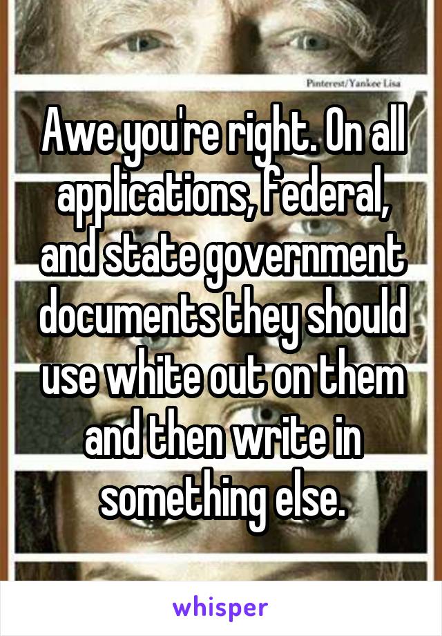 Awe you're right. On all applications, federal, and state government documents they should use white out on them and then write in something else.