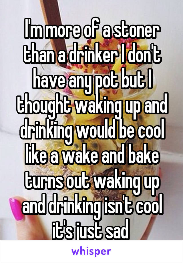 I'm more of a stoner than a drinker I don't have any pot but I thought waking up and drinking would be cool like a wake and bake turns out waking up and drinking isn't cool it's just sad 