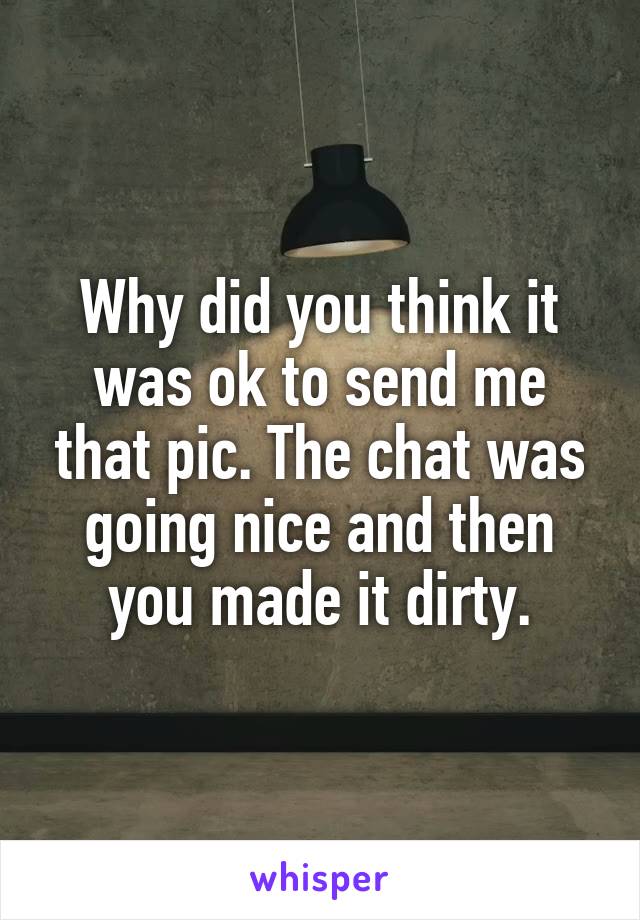 Why did you think it was ok to send me that pic. The chat was going nice and then you made it dirty.