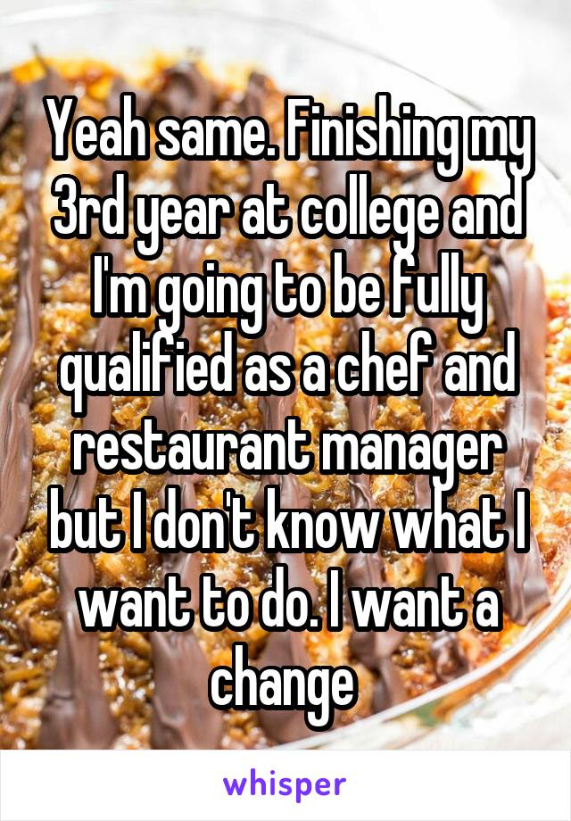 Yeah same. Finishing my 3rd year at college and I'm going to be fully qualified as a chef and restaurant manager but I don't know what I want to do. I want a change 