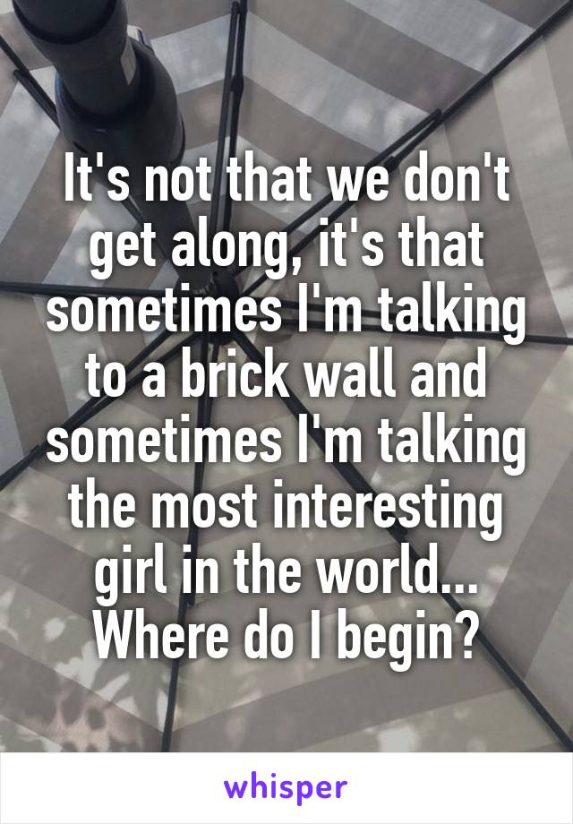 It's not that we don't get along, it's that sometimes I'm talking to a brick wall and sometimes I'm talking the most interesting girl in the world... Where do I begin?