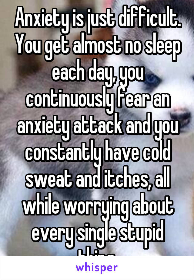 Anxiety is just difficult. You get almost no sleep each day, you continuously fear an anxiety attack and you constantly have cold sweat and itches, all while worrying about every single stupid thing.