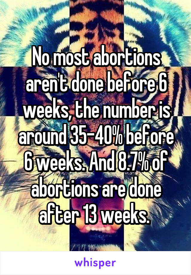 No most abortions aren't done before 6 weeks, the number is around 35-40% before 6 weeks. And 8.7% of abortions are done after 13 weeks. 