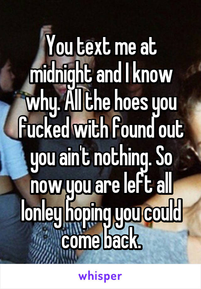 You text me at midnight and I know why. All the hoes you fucked with found out you ain't nothing. So now you are left all lonley hoping you could come back.