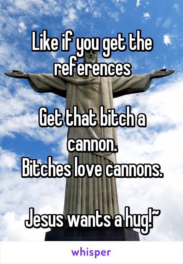 Like if you get the references

Get that bitch a cannon.
Bitches love cannons.

Jesus wants a hug!~