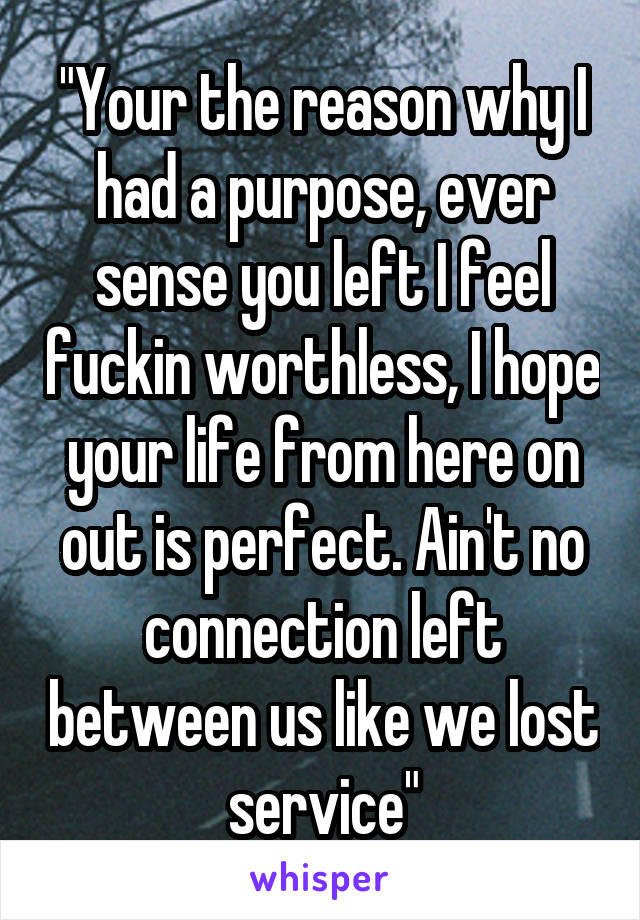 "Your the reason why I had a purpose, ever sense you left I feel fuckin worthless, I hope your life from here on out is perfect. Ain't no connection left between us like we lost service"