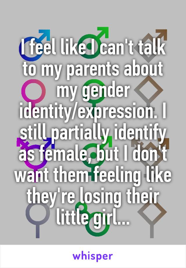 I feel like I can't talk to my parents about my gender identity/expression. I still partially identify as female, but I don't want them feeling like they're losing their little girl...