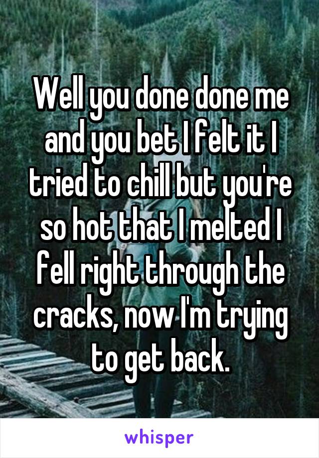 Well you done done me and you bet I felt it I tried to chill but you're so hot that I melted I fell right through the cracks, now I'm trying to get back.