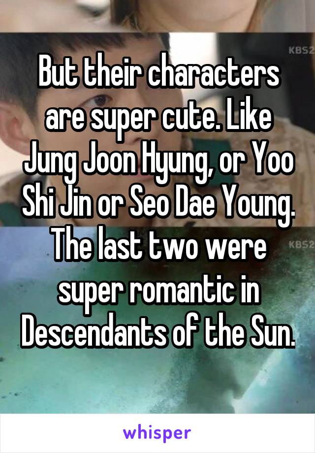 But their characters are super cute. Like Jung Joon Hyung, or Yoo Shi Jin or Seo Dae Young. The last two were super romantic in Descendants of the Sun. 