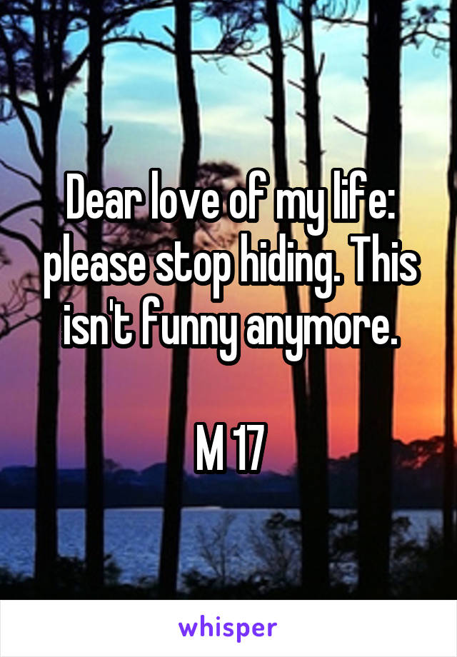 Dear love of my life: please stop hiding. This isn't funny anymore.

M 17