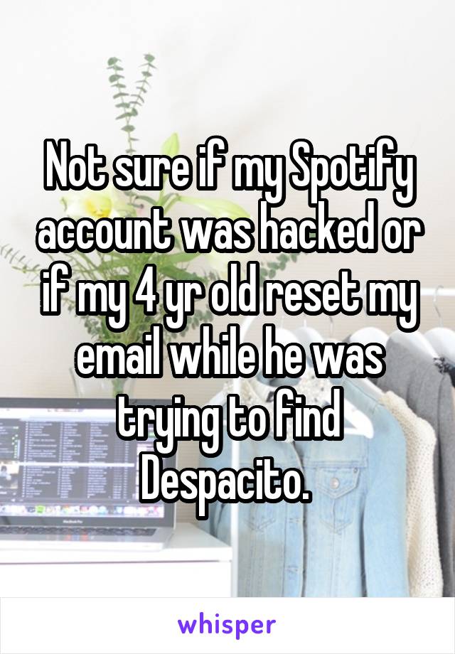 Not sure if my Spotify account was hacked or if my 4 yr old reset my email while he was trying to find Despacito. 