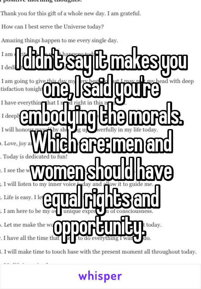 I didn't say it makes you one, I said you're embodying the morals. Which are: men and women should have equal rights and opportunity. 