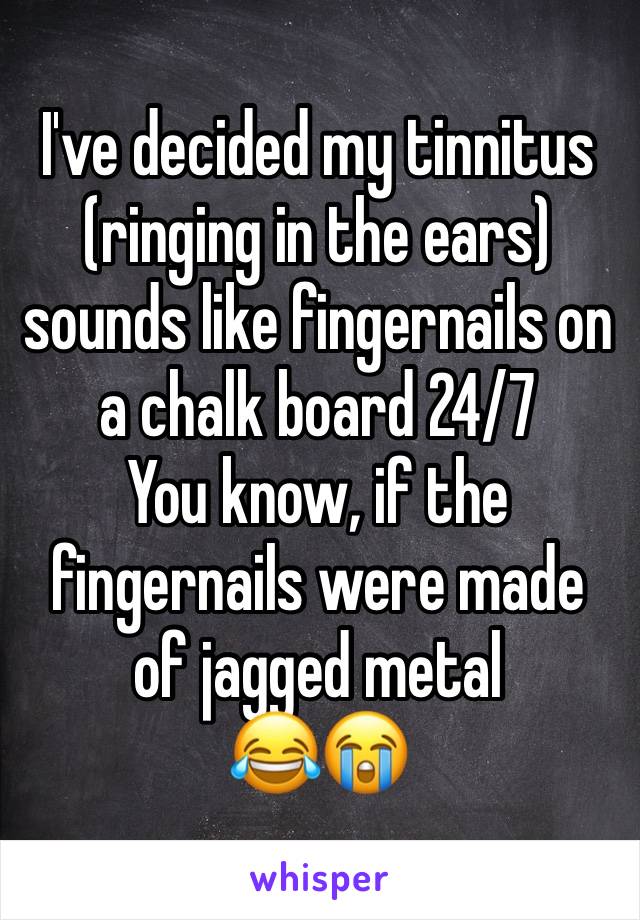 I've decided my tinnitus (ringing in the ears) sounds like fingernails on a chalk board 24/7
You know, if the 
fingernails were made of jagged metal
😂😭