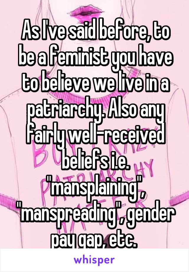 As I've said before, to be a feminist you have to believe we live in a patriarchy. Also any fairly well-received beliefs i.e. "mansplaining", "manspreading", gender pay gap, etc. 