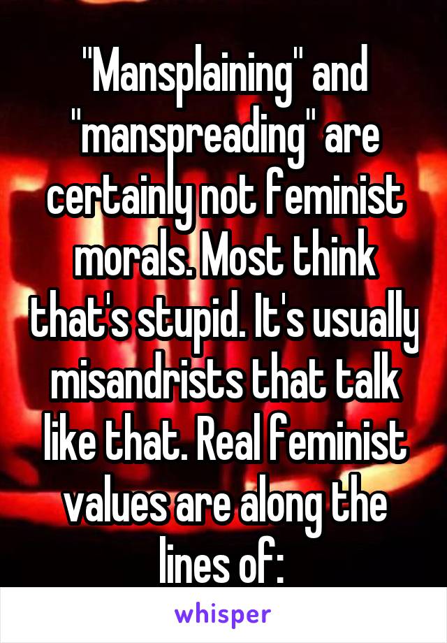 "Mansplaining" and "manspreading" are certainly not feminist morals. Most think that's stupid. It's usually misandrists that talk like that. Real feminist values are along the lines of: 