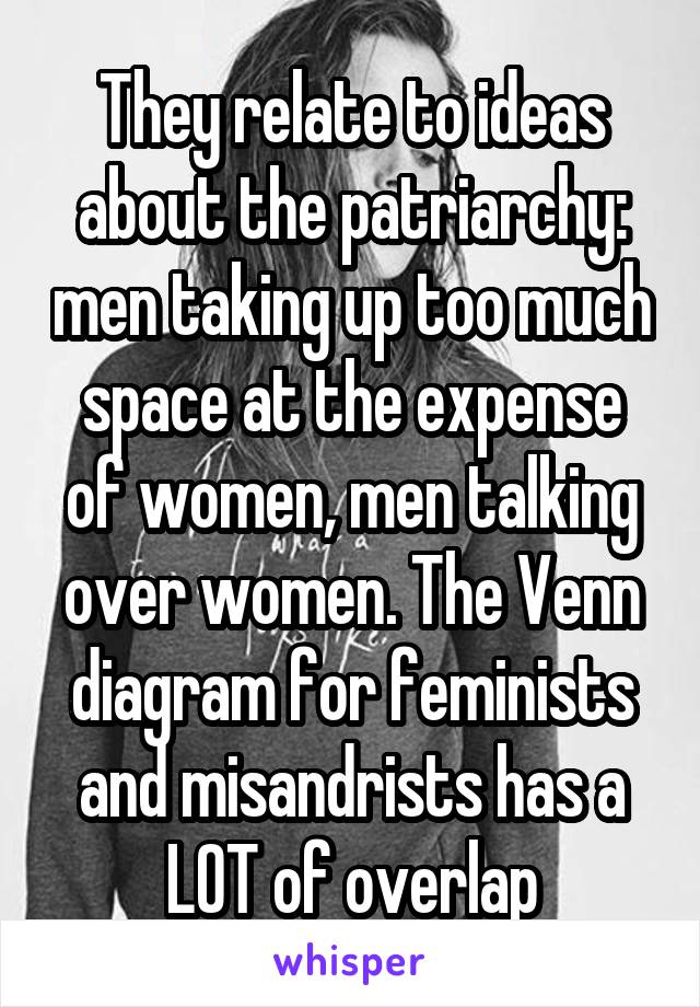 They relate to ideas about the patriarchy: men taking up too much space at the expense of women, men talking over women. The Venn diagram for feminists and misandrists has a LOT of overlap