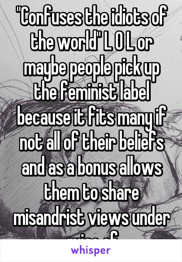 "Confuses the idiots of the world" L O L or maybe people pick up the feminist label because it fits many if not all of their beliefs and as a bonus allows them to share misandrist views under guise of