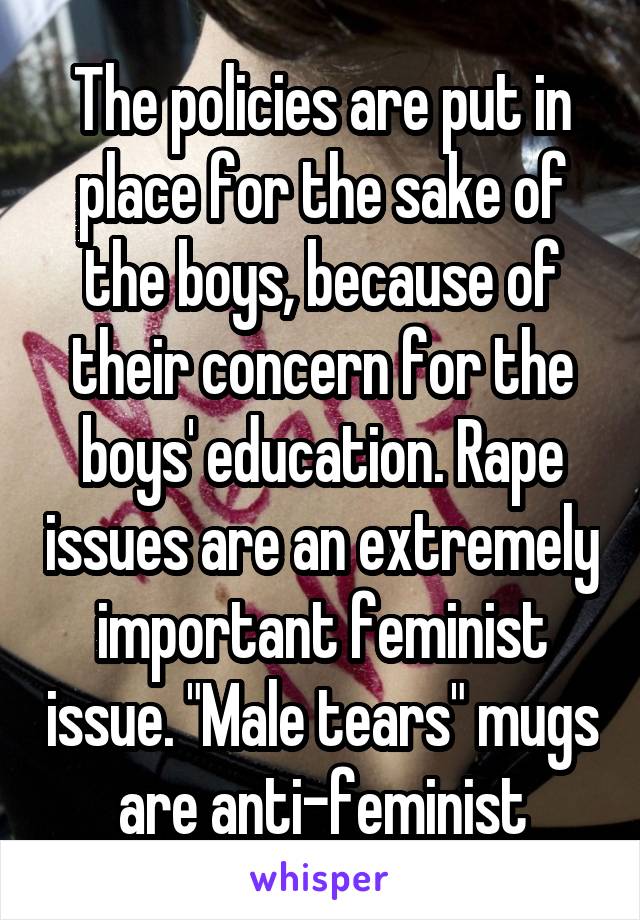 The policies are put in place for the sake of the boys, because of their concern for the boys' education. Rape issues are an extremely important feminist issue. "Male tears" mugs are anti-feminist