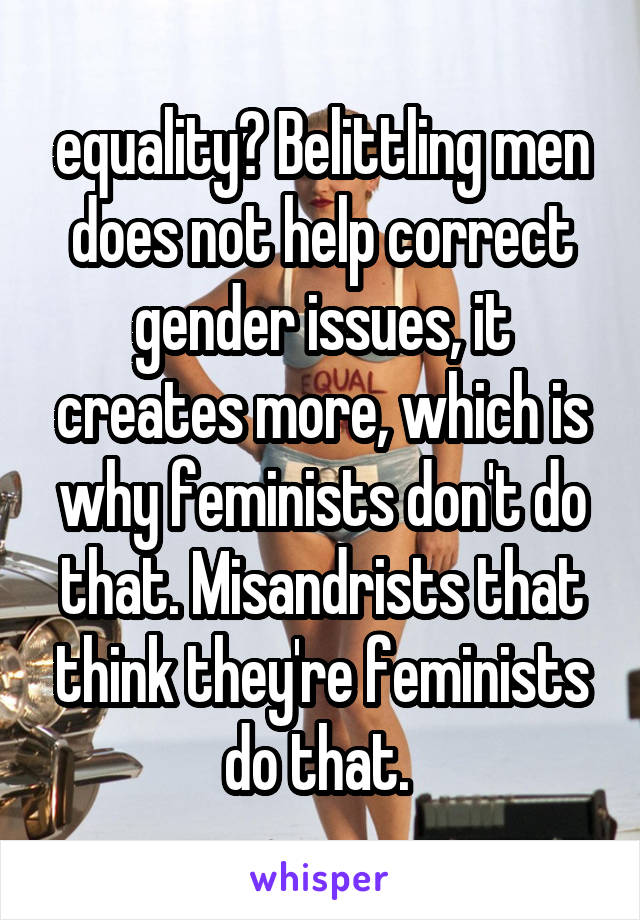 equality? Belittling men does not help correct gender issues, it creates more, which is why feminists don't do that. Misandrists that think they're feminists do that. 