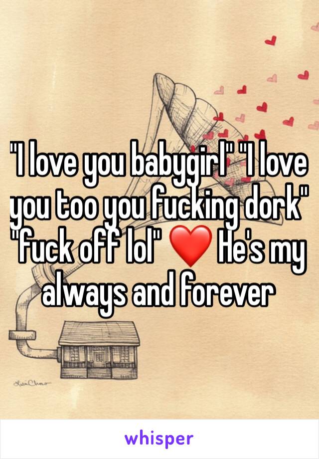 "I love you babygirl" "I love you too you fucking dork" "fuck off lol" ❤️ He's my always and forever