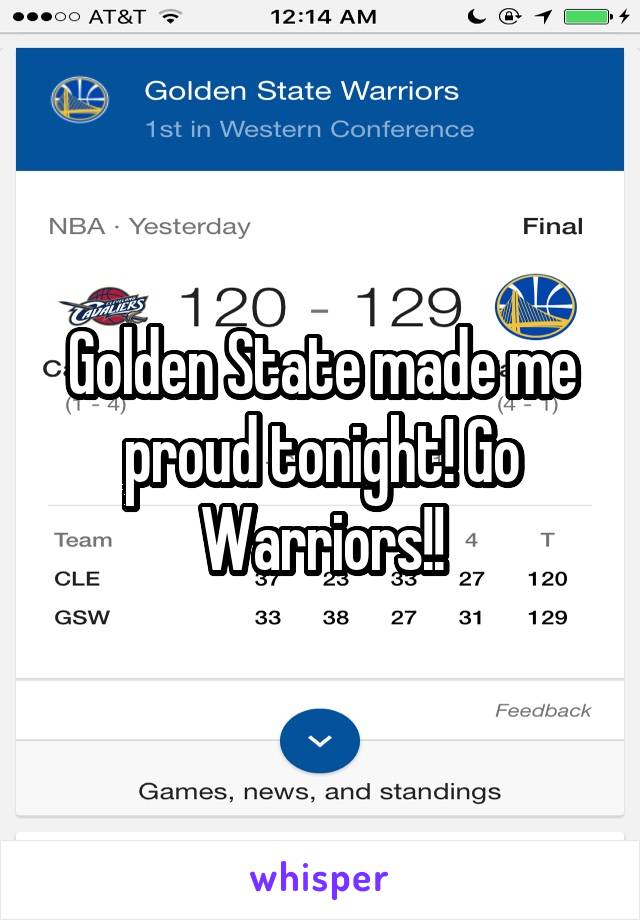 Golden State made me proud tonight! Go Warriors!!