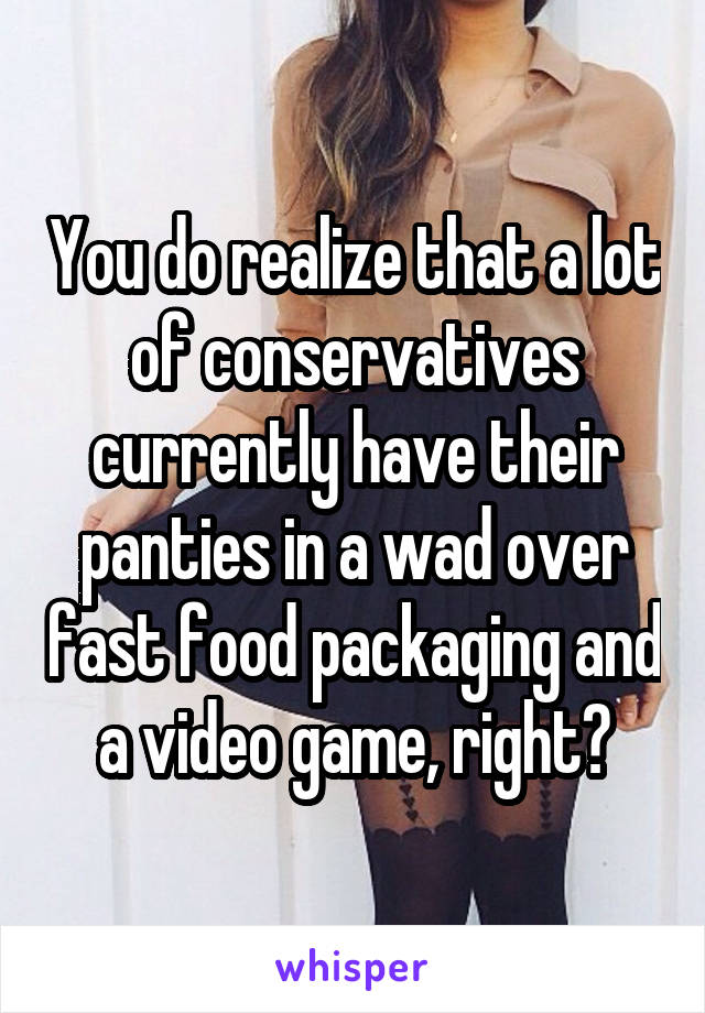 You do realize that a lot of conservatives currently have their panties in a wad over fast food packaging and a video game, right?