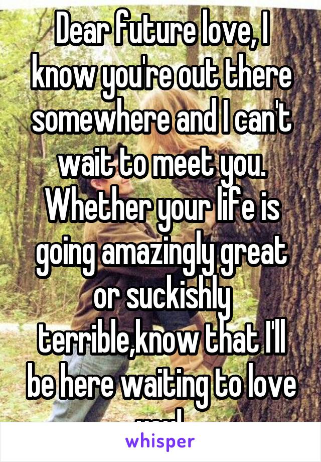 Dear future love, I know you're out there somewhere and I can't wait to meet you. Whether your life is going amazingly great or suckishly terrible,know that I'll be here waiting to love you! 