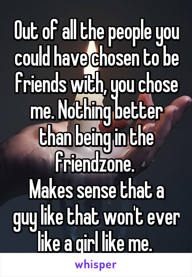 Out of all the people you could have chosen to be friends with, you chose me. Nothing better than being in the friendzone. 
Makes sense that a guy like that won't ever like a girl like me. 