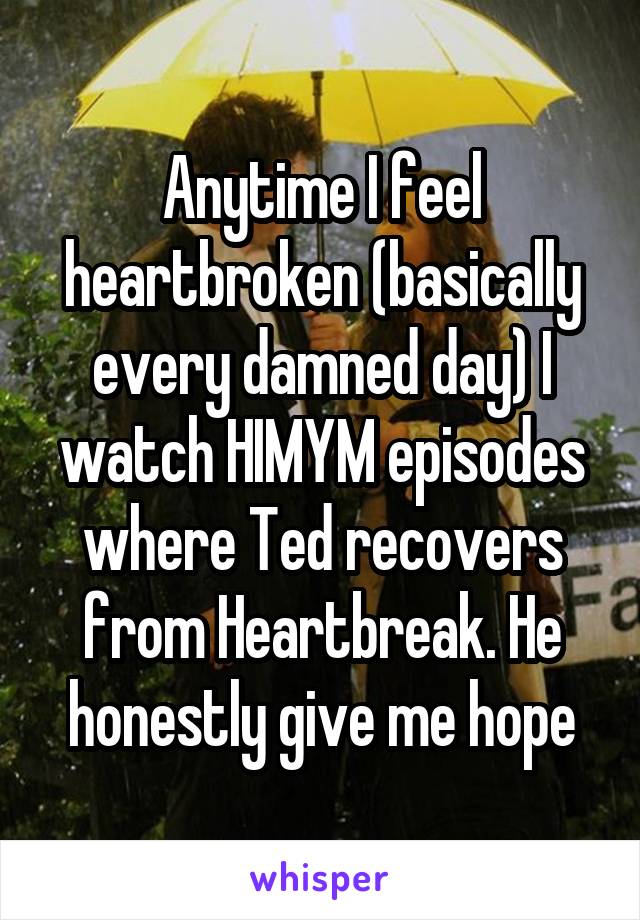 Anytime I feel heartbroken (basically every damned day) I watch HIMYM episodes where Ted recovers from Heartbreak. He honestly give me hope