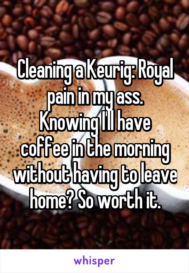 Cleaning a Keurig: Royal pain in my ass.
Knowing I'll have coffee in the morning without having to leave home? So worth it.