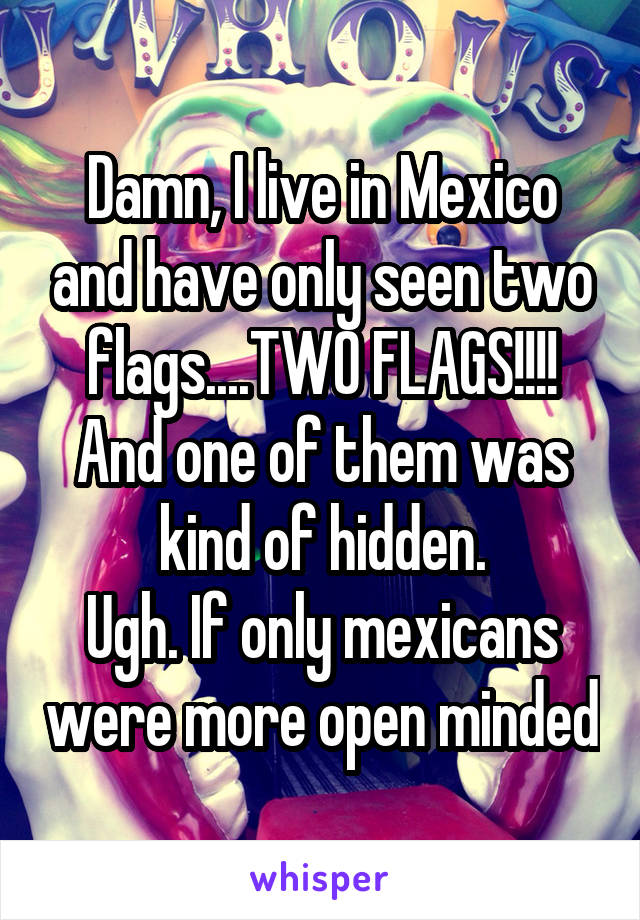 Damn, I live in Mexico and have only seen two flags....TWO FLAGS!!!! And one of them was kind of hidden.
Ugh. If only mexicans were more open minded