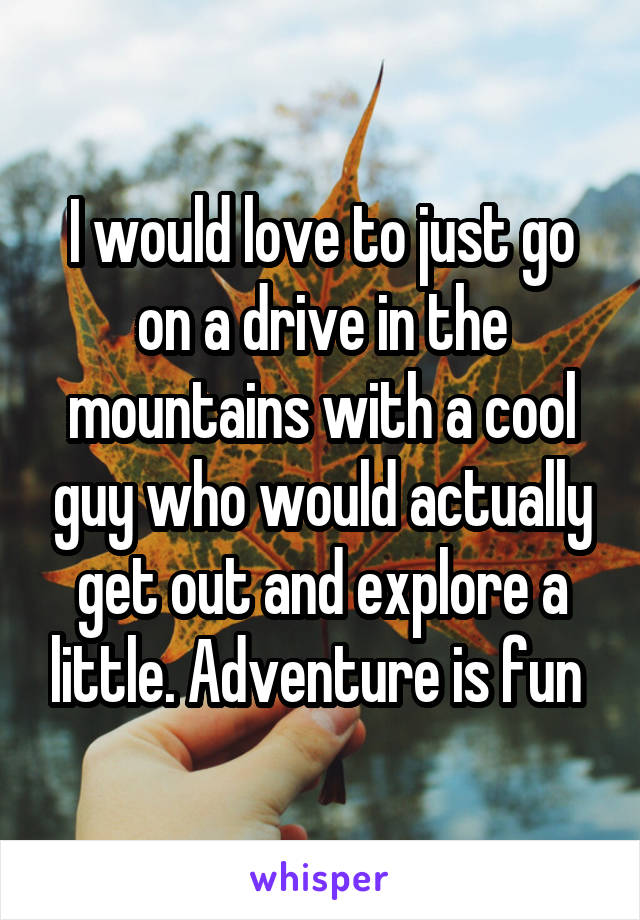 I would love to just go on a drive in the mountains with a cool guy who would actually get out and explore a little. Adventure is fun 