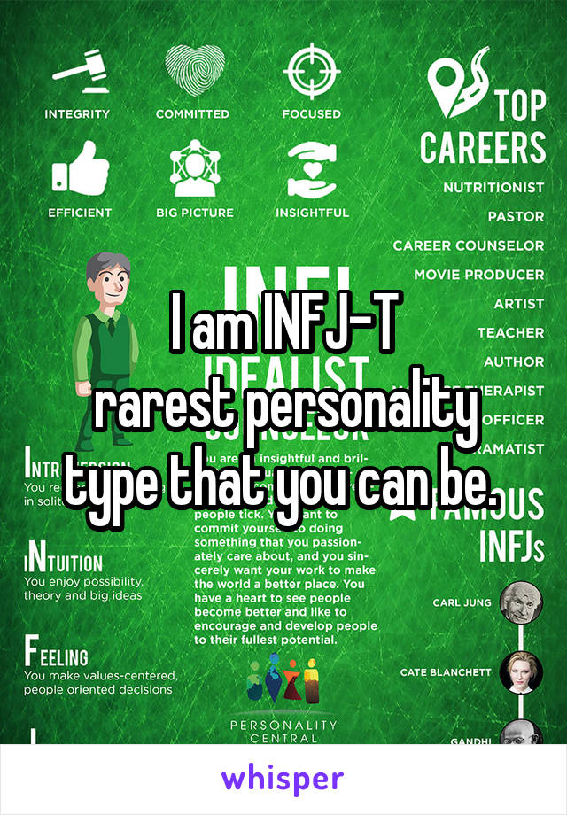 I am INFJ-T
rarest personality type that you can be. 