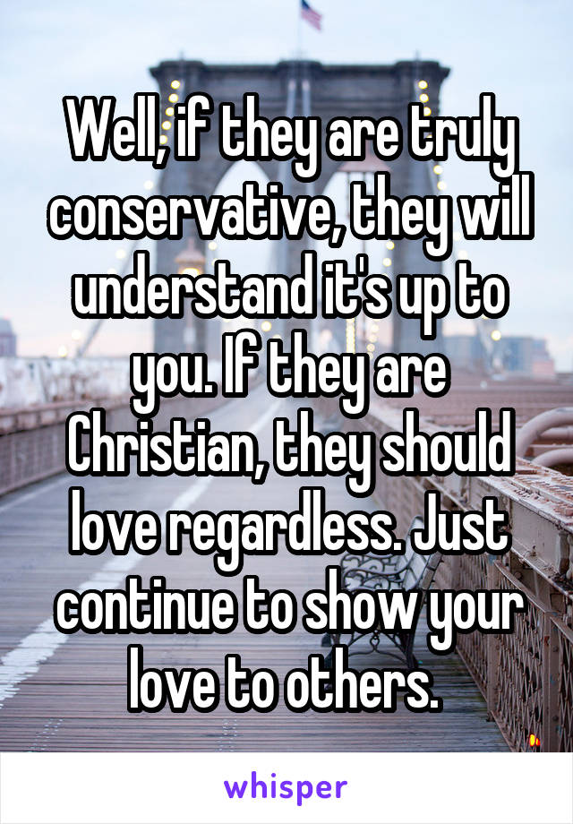 Well, if they are truly conservative, they will understand it's up to you. If they are Christian, they should love regardless. Just continue to show your love to others. 