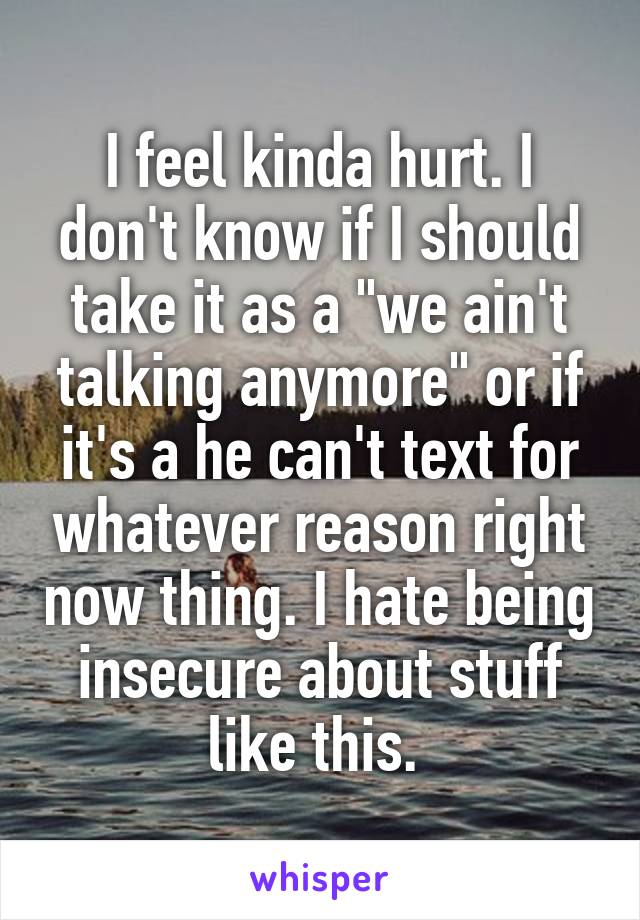 I feel kinda hurt. I don't know if I should take it as a "we ain't talking anymore" or if it's a he can't text for whatever reason right now thing. I hate being insecure about stuff like this. 