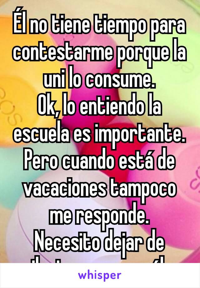 Él no tiene tiempo para contestarme porque la uni lo consume.
Ok, lo entiendo la escuela es importante.
Pero cuando está de vacaciones tampoco me responde.
Necesito dejar de ilusionarme con él.