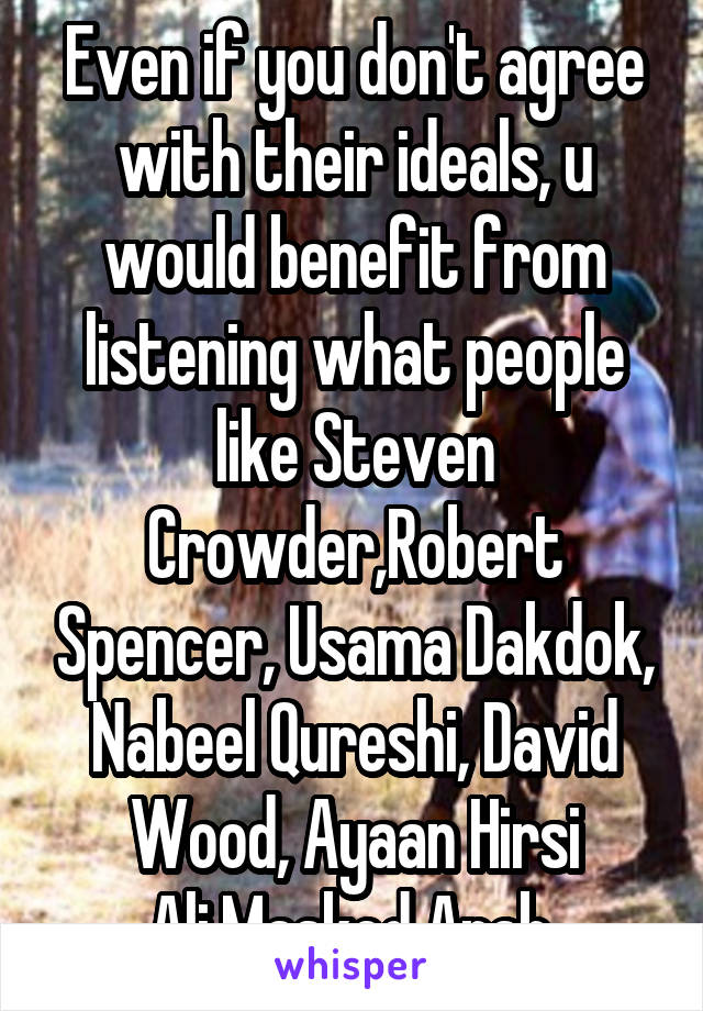 Even if you don't agree with their ideals, u would benefit from listening what people like Steven Crowder,Robert Spencer, Usama Dakdok, Nabeel Qureshi, David Wood, Ayaan Hirsi Ali,Masked Arab 