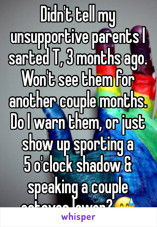 Didn't tell my unsupportive parents I sarted T, 3 months ago.
Won't see them for another couple months.
Do I warn them, or just show up sporting a
5 o'clock shadow & speaking a couple octaves lower?😅