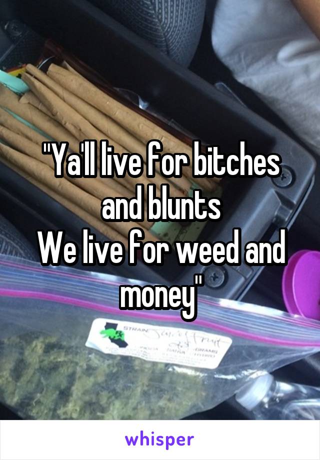 "Ya'll live for bitches and blunts
We live for weed and money"