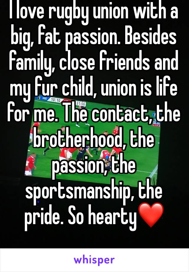 I love rugby union with a big, fat passion. Besides family, close friends and my fur child, union is life for me. The contact, the brotherhood, the passion, the sportsmanship, the pride. So hearty❤️