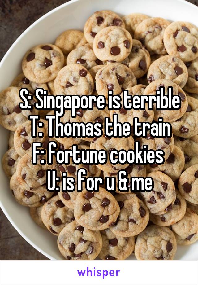 S: Singapore is terrible
T: Thomas the train
F: fortune cookies 
U: is for u & me