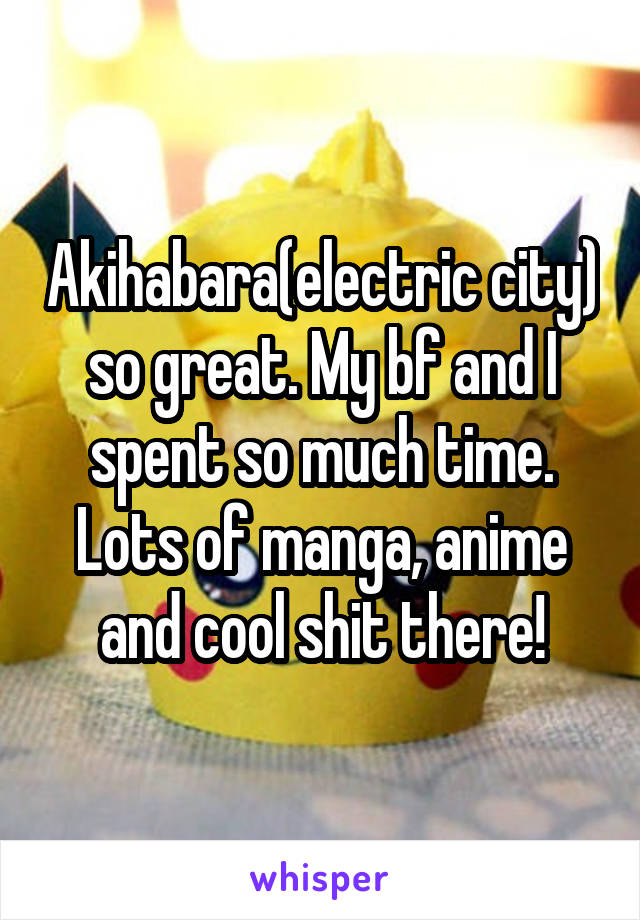 Akihabara(electric city) so great. My bf and I spent so much time. Lots of manga, anime and cool shit there!