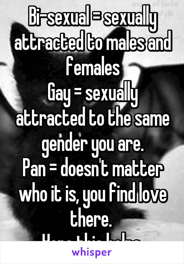 Bi-sexual = sexually attracted to males and females
Gay = sexually attracted to the same gender you are.
Pan = doesn't matter who it is, you find love there. 
Hope this helps.