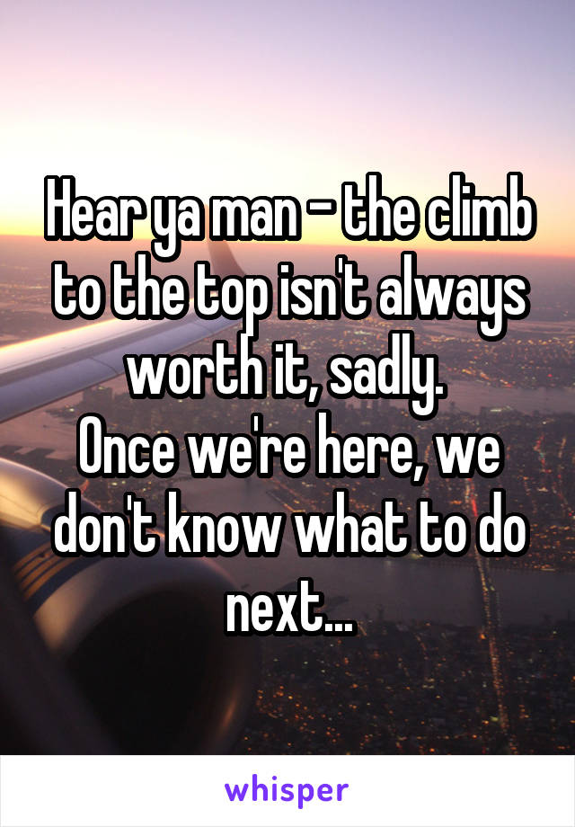 Hear ya man - the climb to the top isn't always worth it, sadly. 
Once we're here, we don't know what to do next...