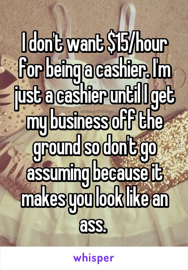 I don't want $15/hour for being a cashier. I'm just a cashier until I get my business off the ground so don't go assuming because it makes you look like an ass. 