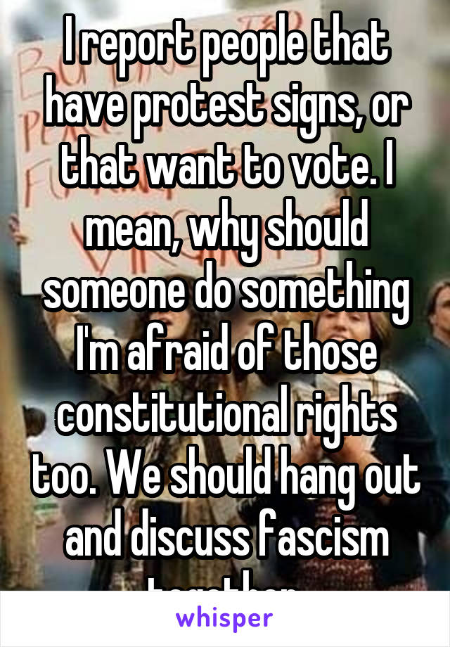 I report people that have protest signs, or that want to vote. I mean, why should someone do something I'm afraid of those constitutional rights too. We should hang out and discuss fascism together.